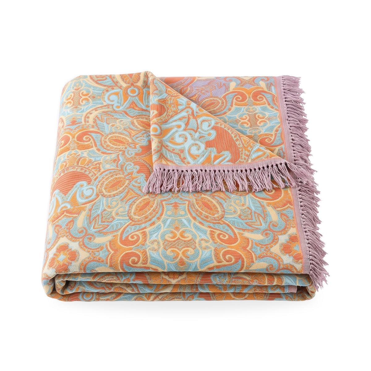 Coral & Aqua Paisley Medallion Tassel Blanket