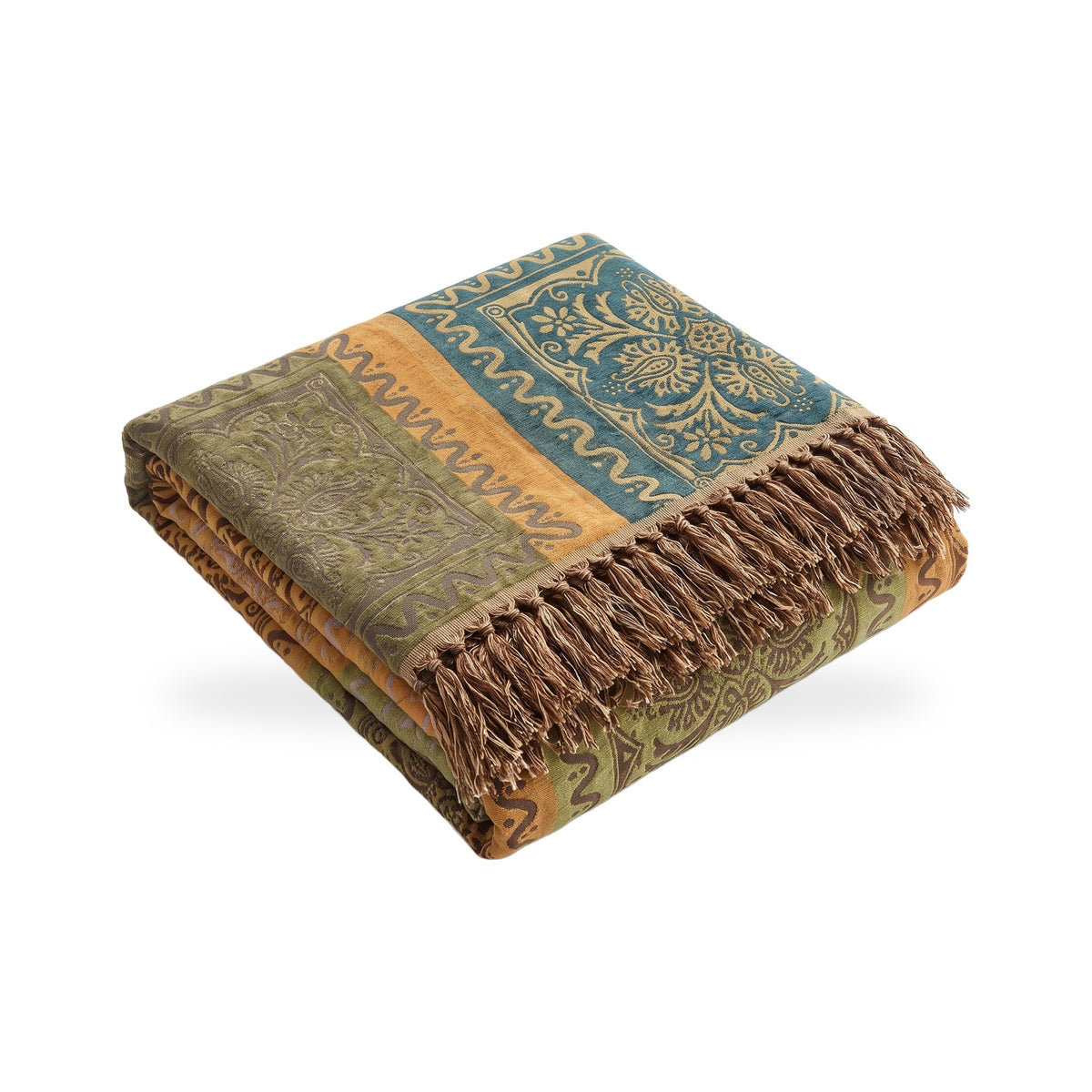 Paneled Medallion Oversized Cotton Blanket with Fringe