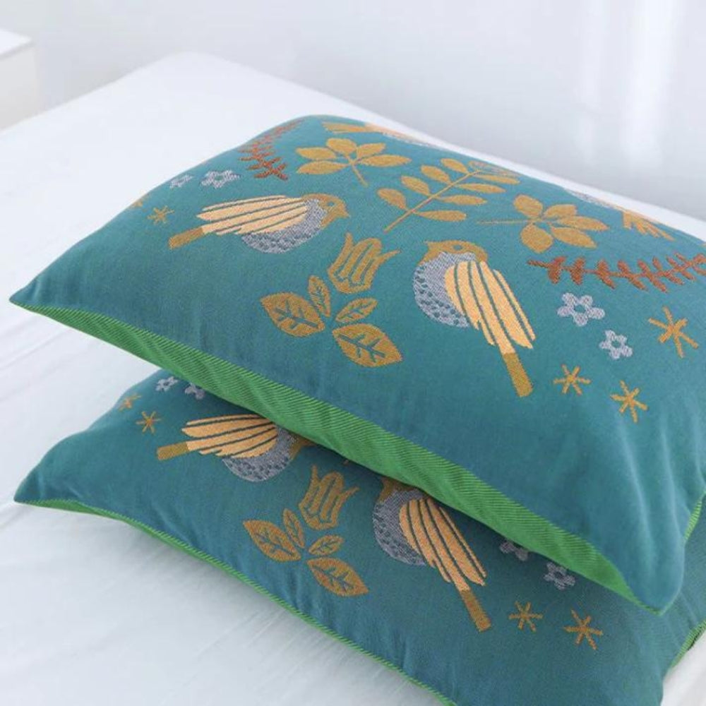 Jacquard Bird & Floral Cotton Pillowcase Set of 2