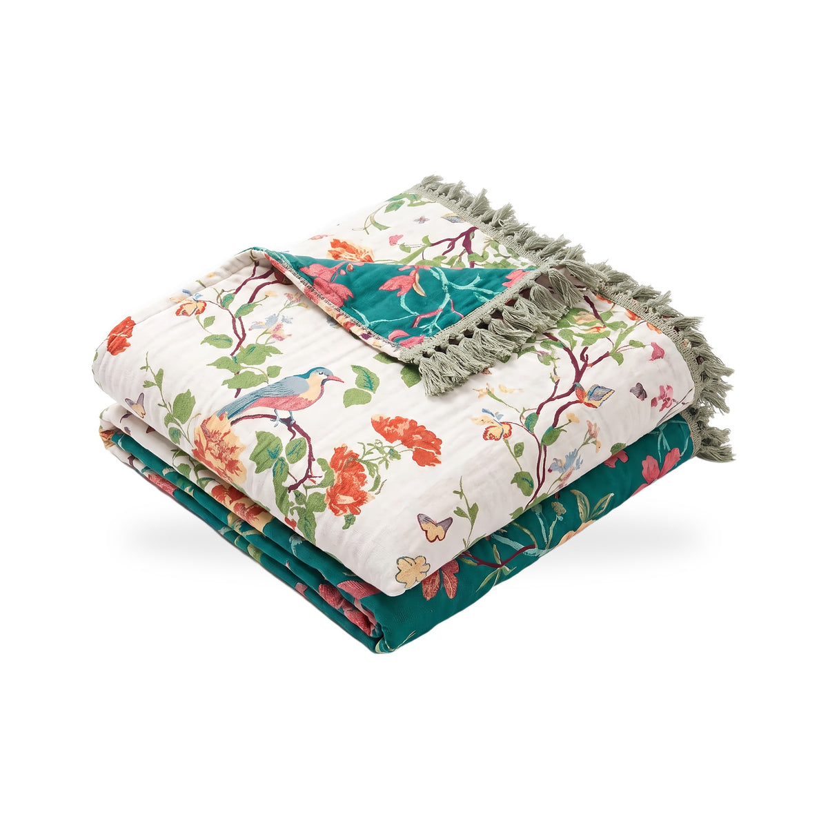 Peony & Songbird Reversible Cotton Blanket