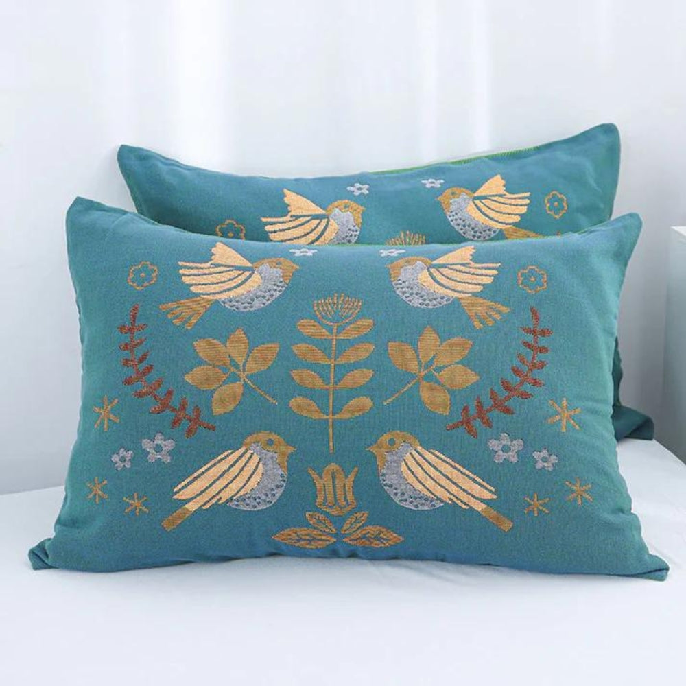 Jacquard Bird & Floral Cotton Pillowcase Set of 2