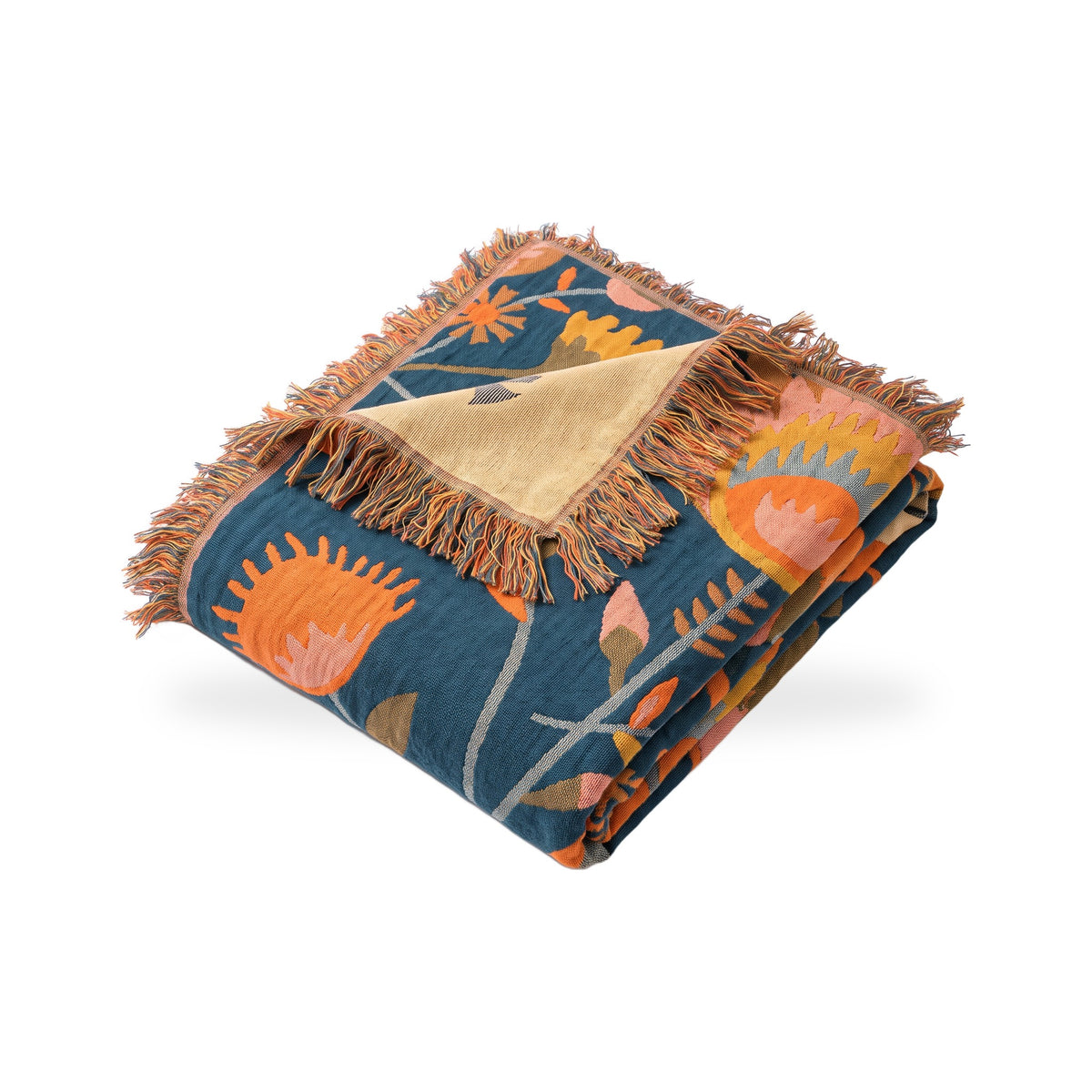 Big-Blossom Boho Cotton Throw with Fringe