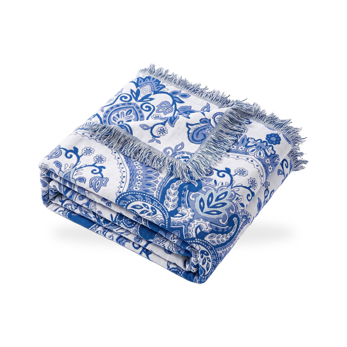 Cobalt Paisley Bloom Cotton Blanket with Tassels