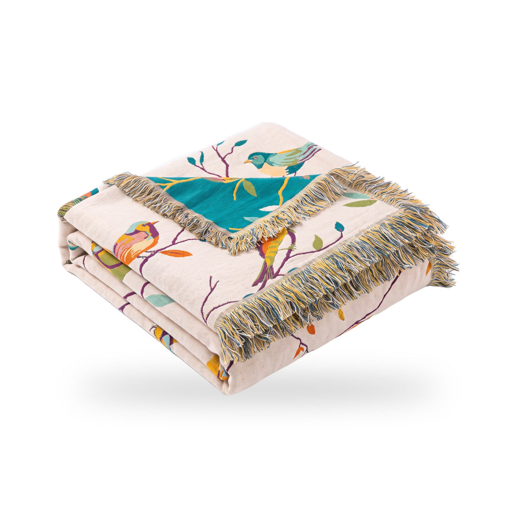 Perched Birds Cotton Blanket with Tassels