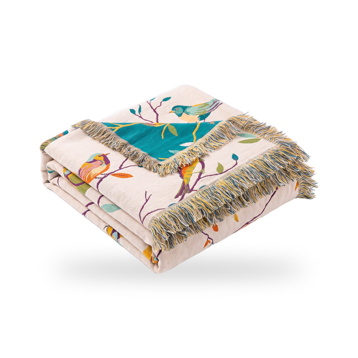 Perched Birds Cotton Blanket with Tassels