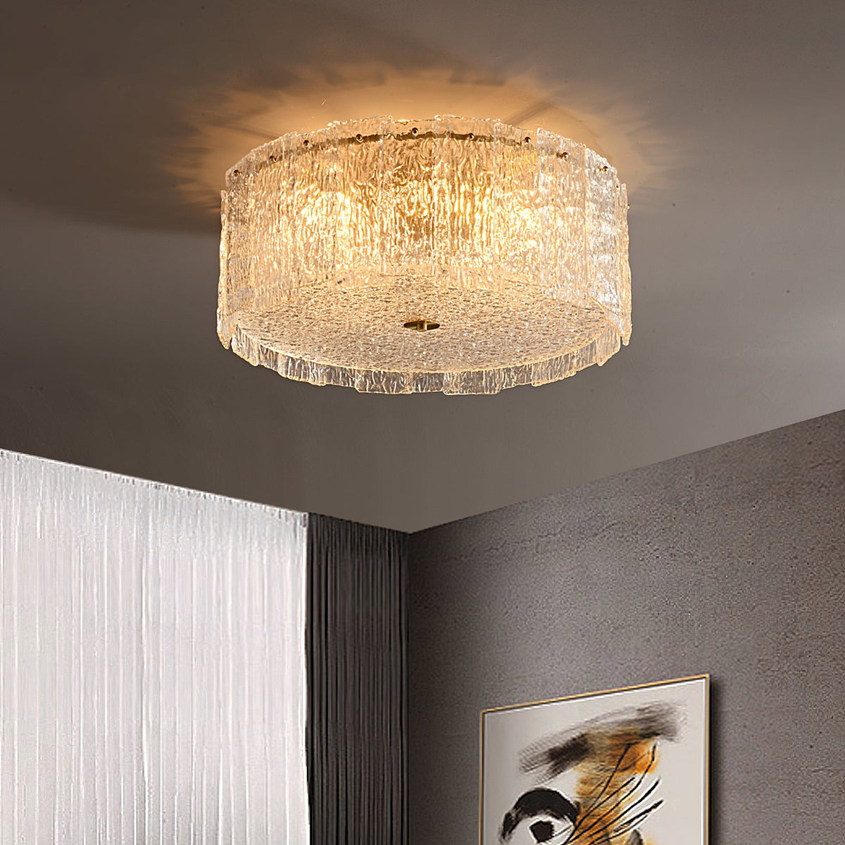 Textured Glass Cylinder Brass Flush Ceiling Light