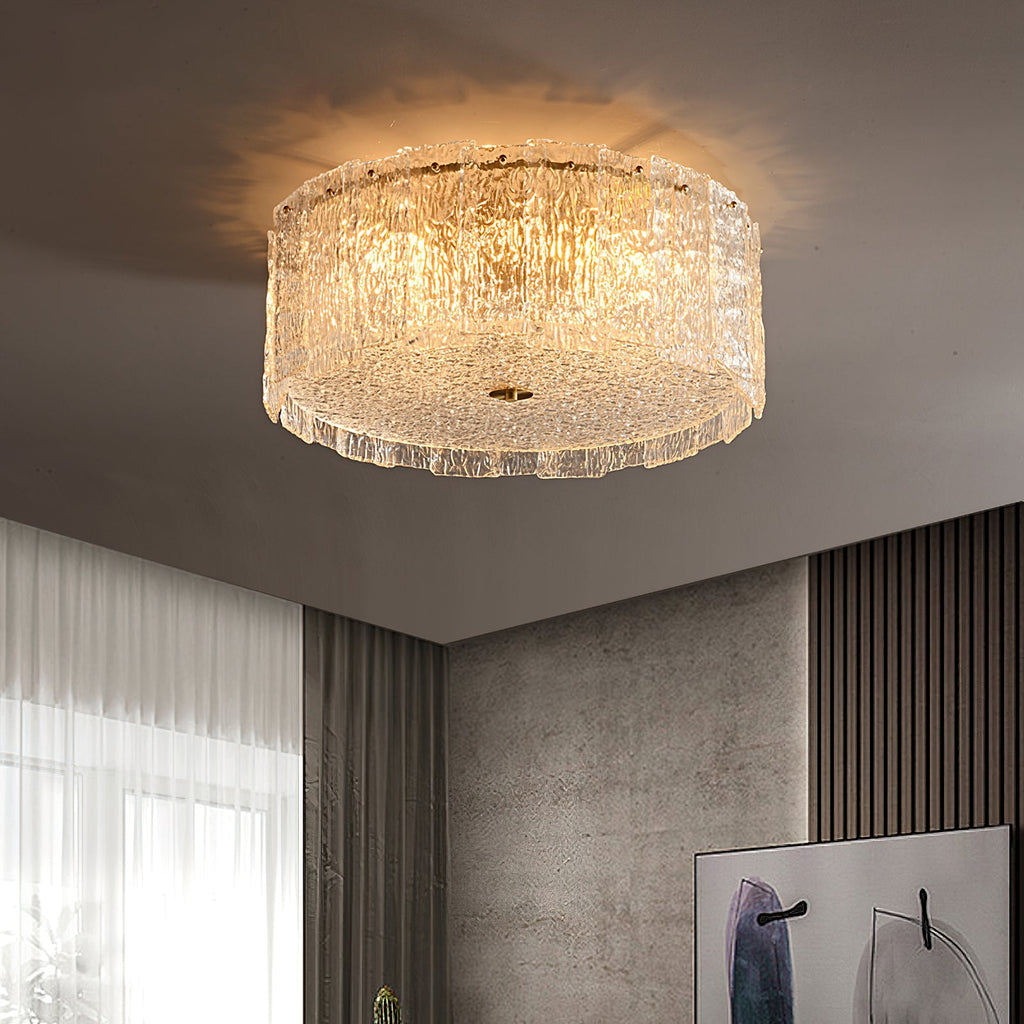 Textured Glass Cylinder Brass Flush Ceiling Light