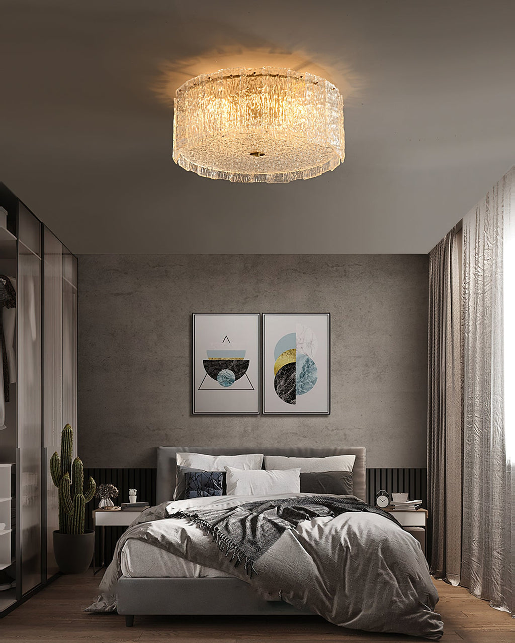 Textured Glass Cylinder Brass Flush Ceiling Light