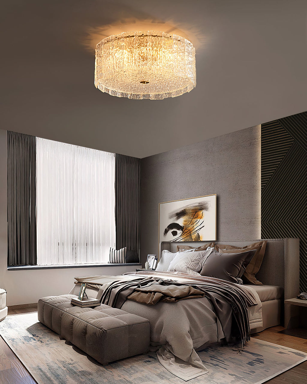 Textured Glass Cylinder Brass Flush Ceiling Light