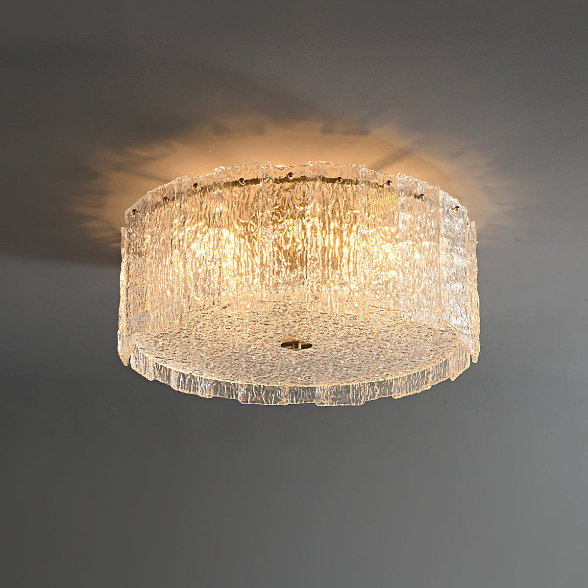 Textured Glass Cylinder Brass Flush Ceiling Light