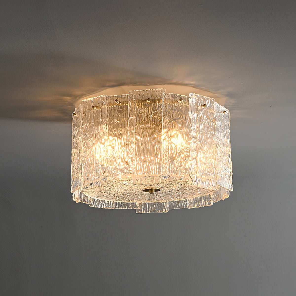 Textured Glass Cylinder Brass Flush Ceiling Light