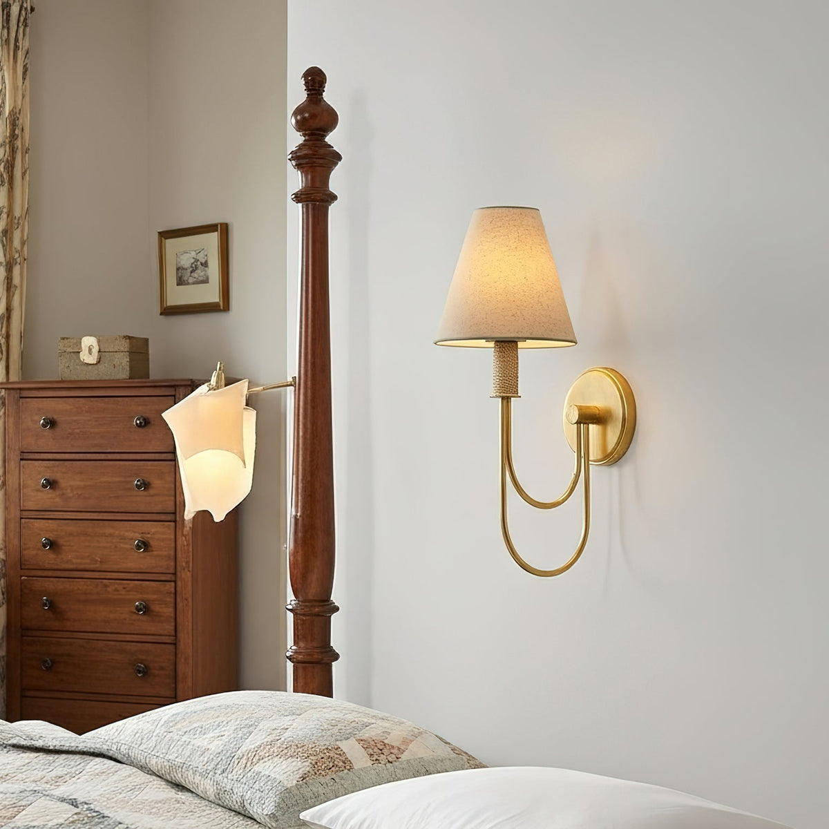 Brass Arc Arm Linen Wall Light