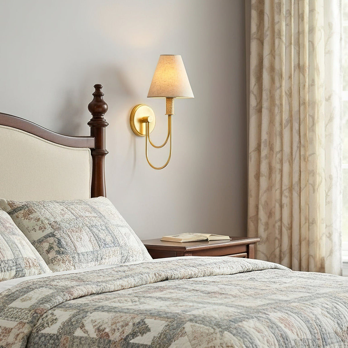 Brass Arc Arm Linen Wall Light
