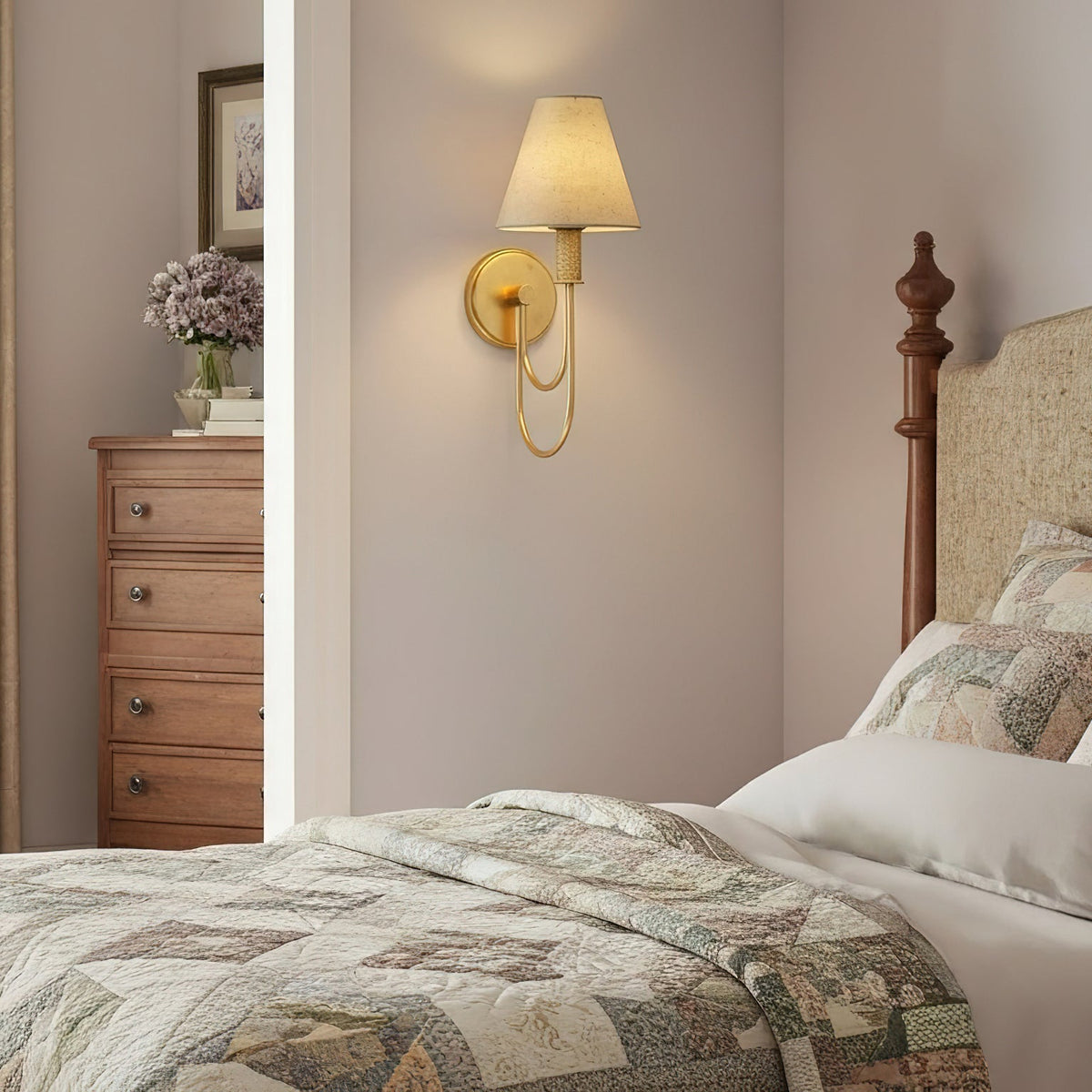 Brass Arc Arm Linen Wall Light