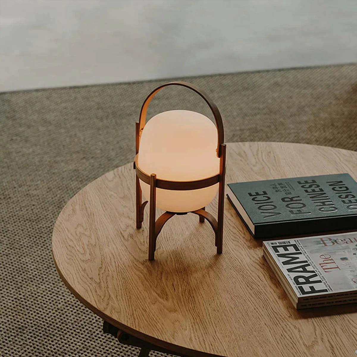 Wooden Frame Glass Lantern Table Lamp