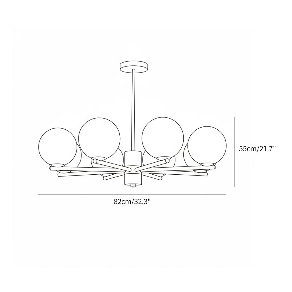 Angular Brass Arm Glass Globe Chandelier
