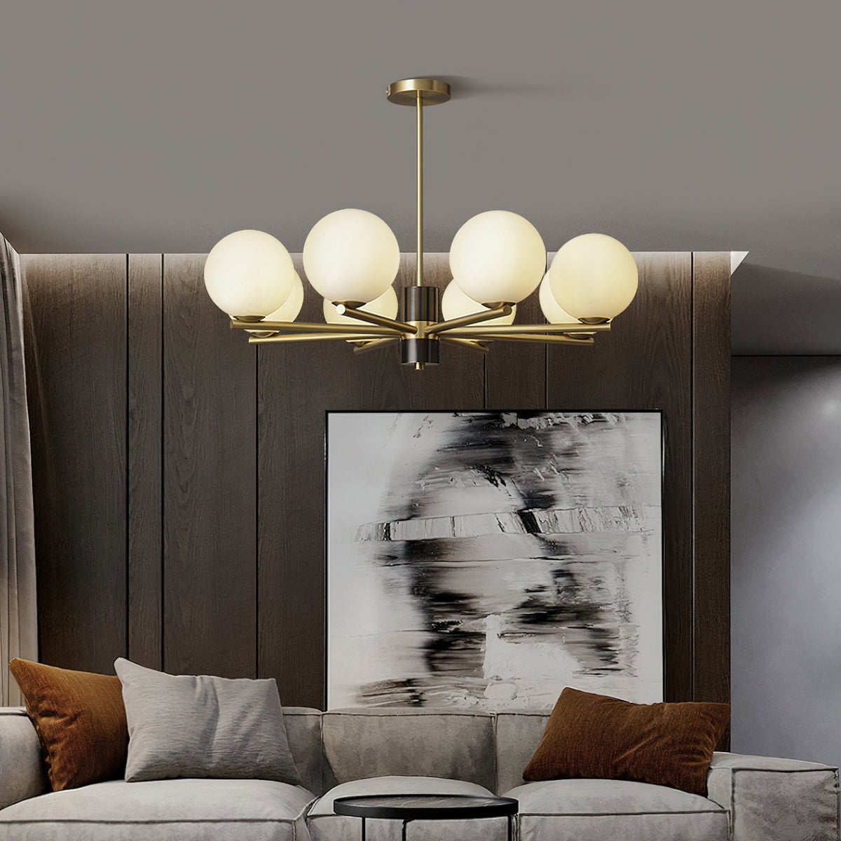 Angular Brass Arm Glass Globe Chandelier