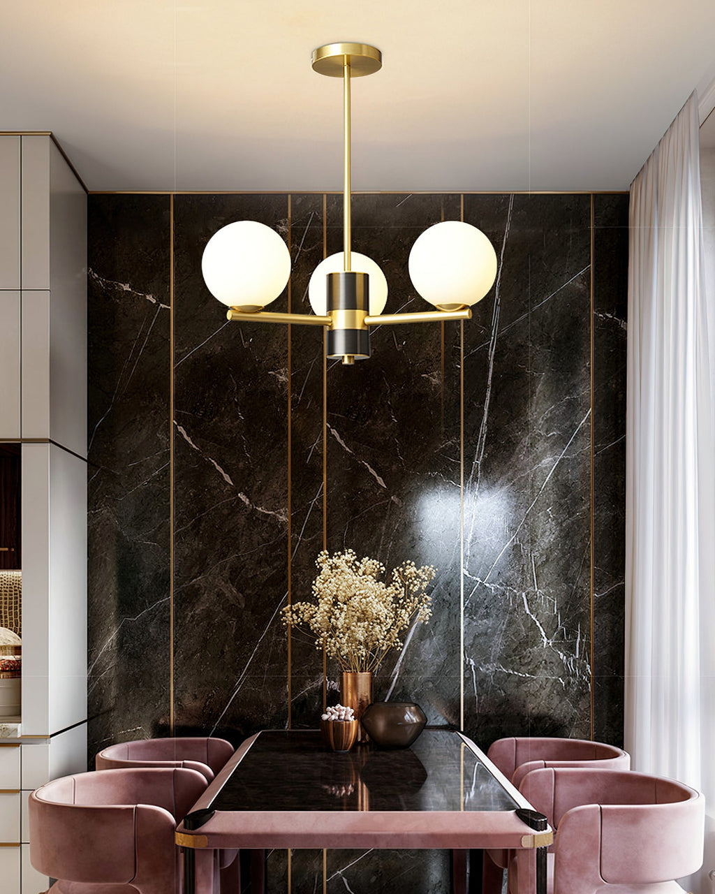 Angular Brass Arm Glass Globe Chandelier