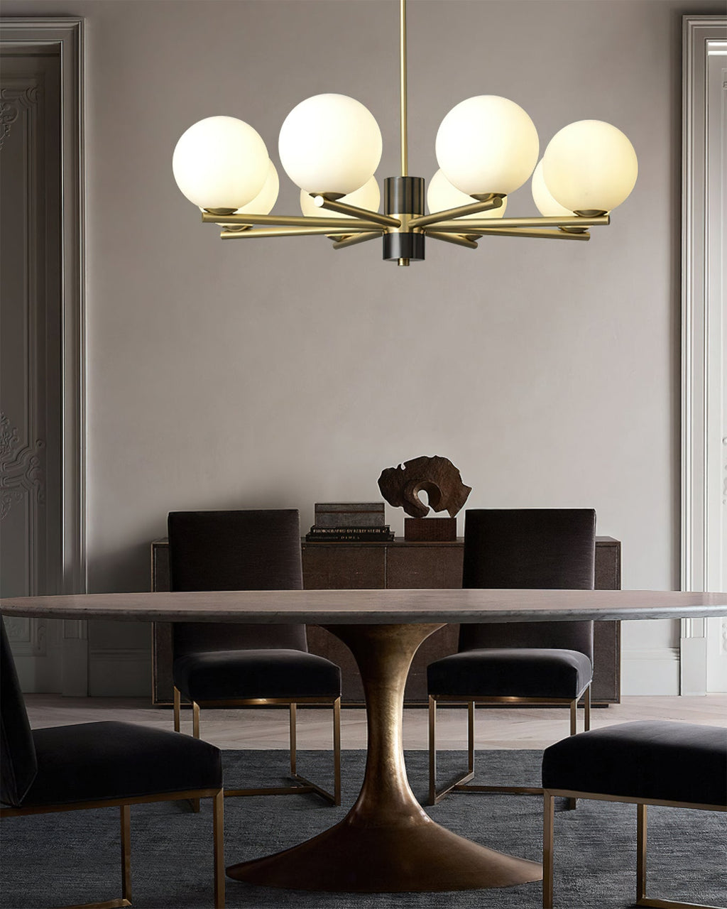 Angular Brass Arm Glass Globe Chandelier
