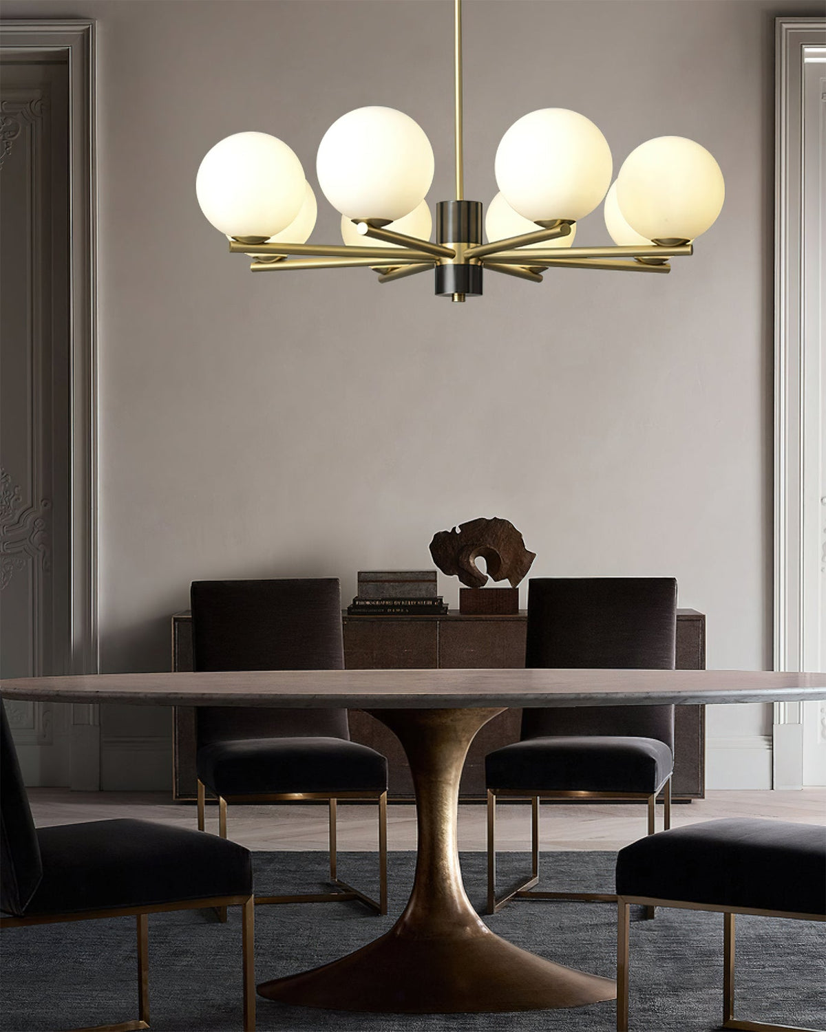Angular Brass Arm Glass Globe Chandelier