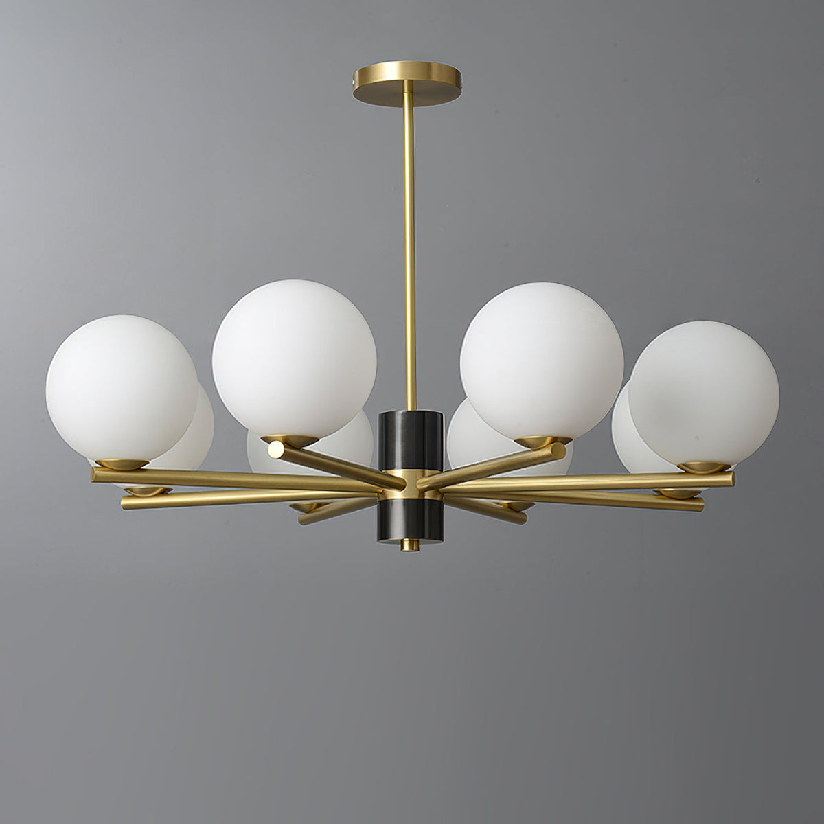 Angular Brass Arm Glass Globe Chandelier