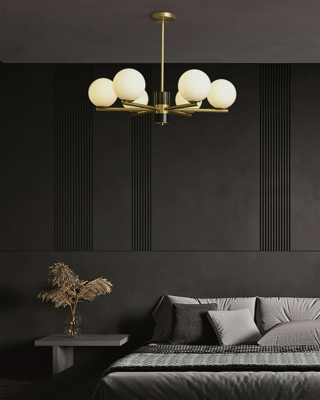 Angular Brass Arm Glass Globe Chandelier