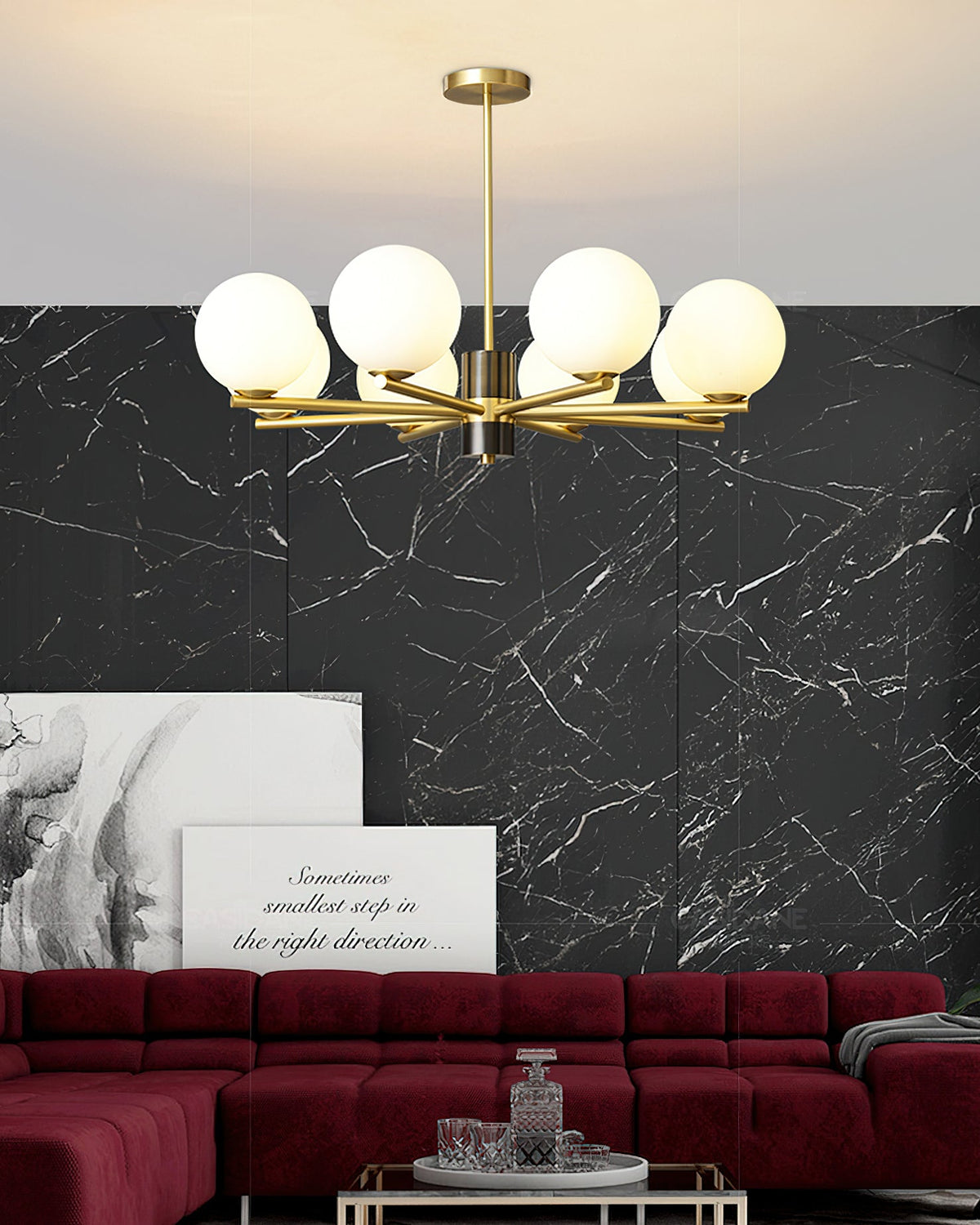 Angular Brass Arm Glass Globe Chandelier