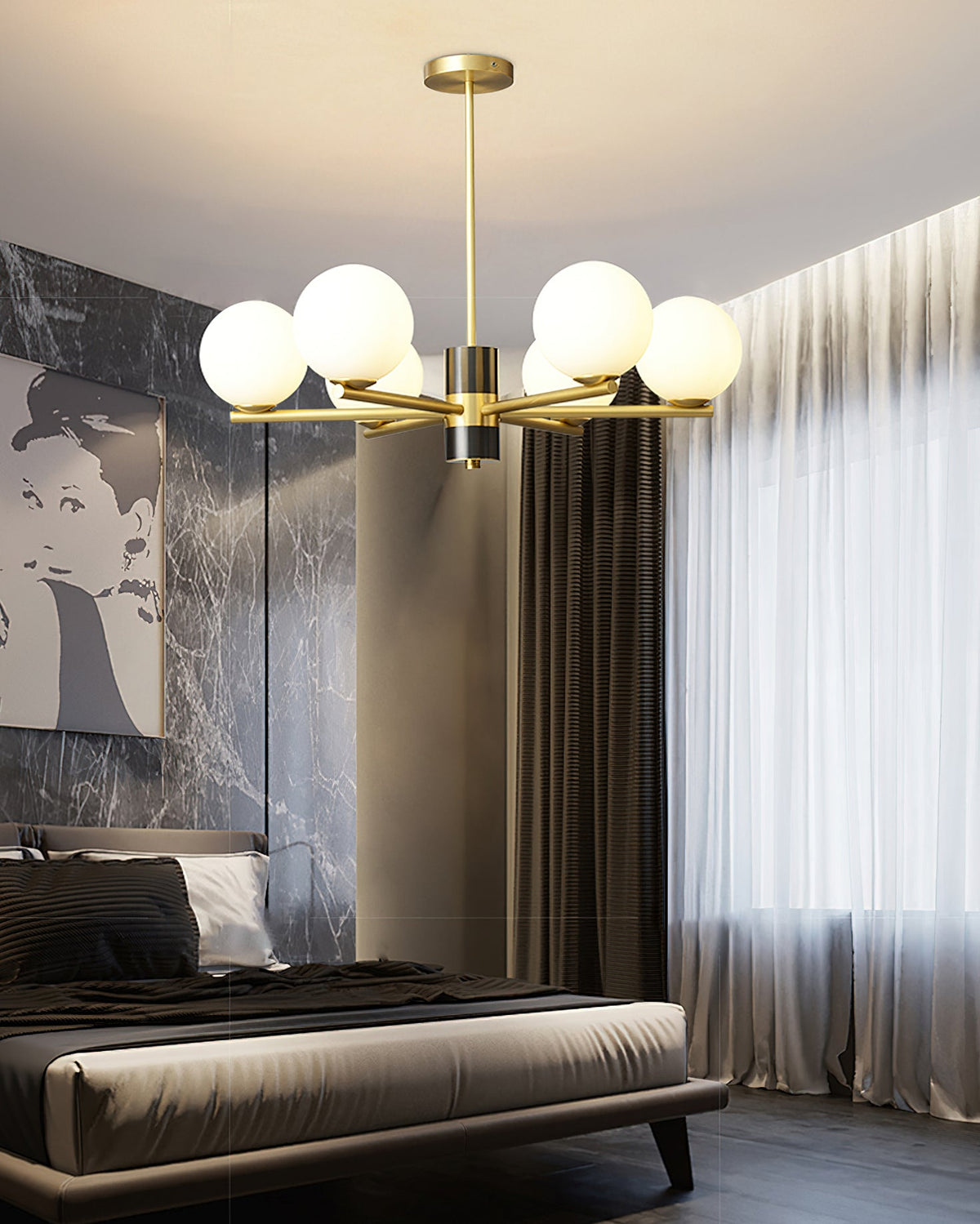 Angular Brass Arm Glass Globe Chandelier