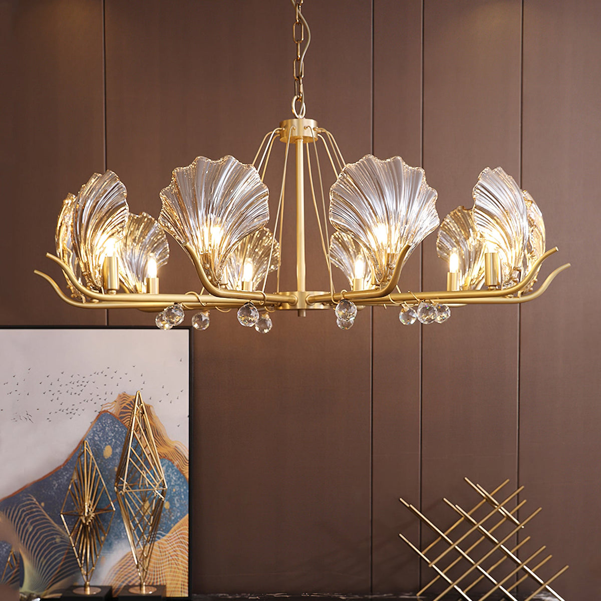 Amber Shell Glass Brass Chandelier
