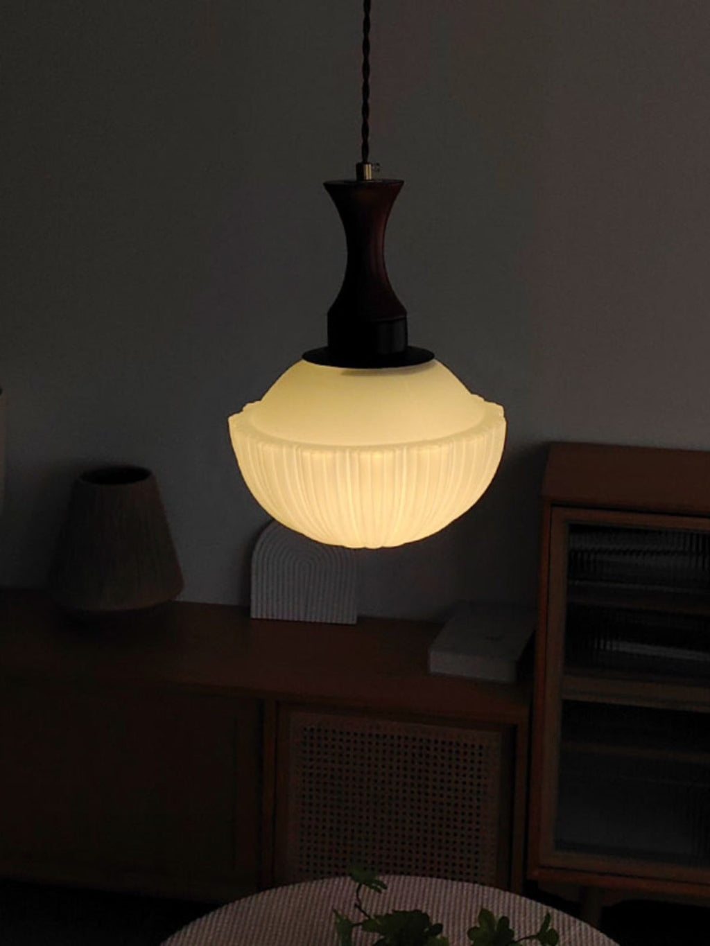 Fluted Glass Walnut Pendant Light