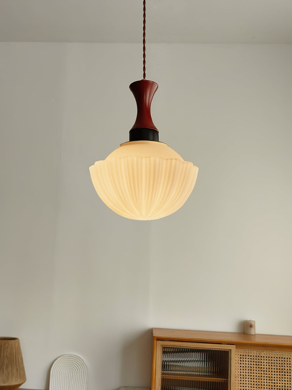 Fluted Glass Walnut Pendant Light