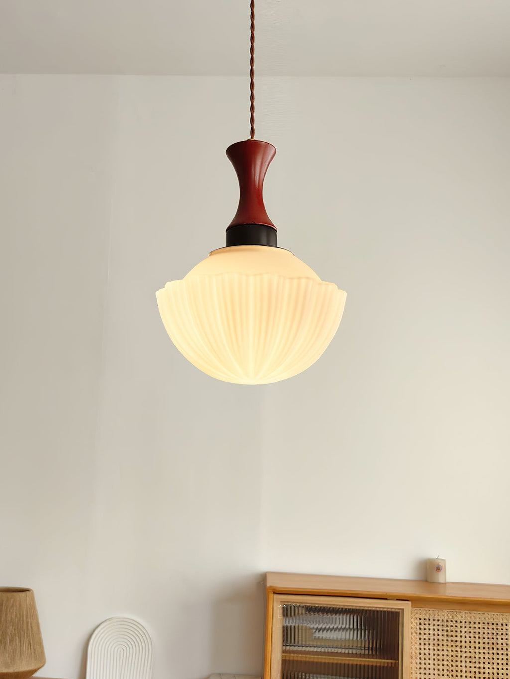 Fluted Glass Walnut Pendant Light
