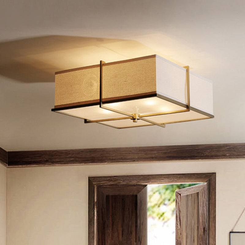 Square Linen Shade Brass Flush Ceiling Light