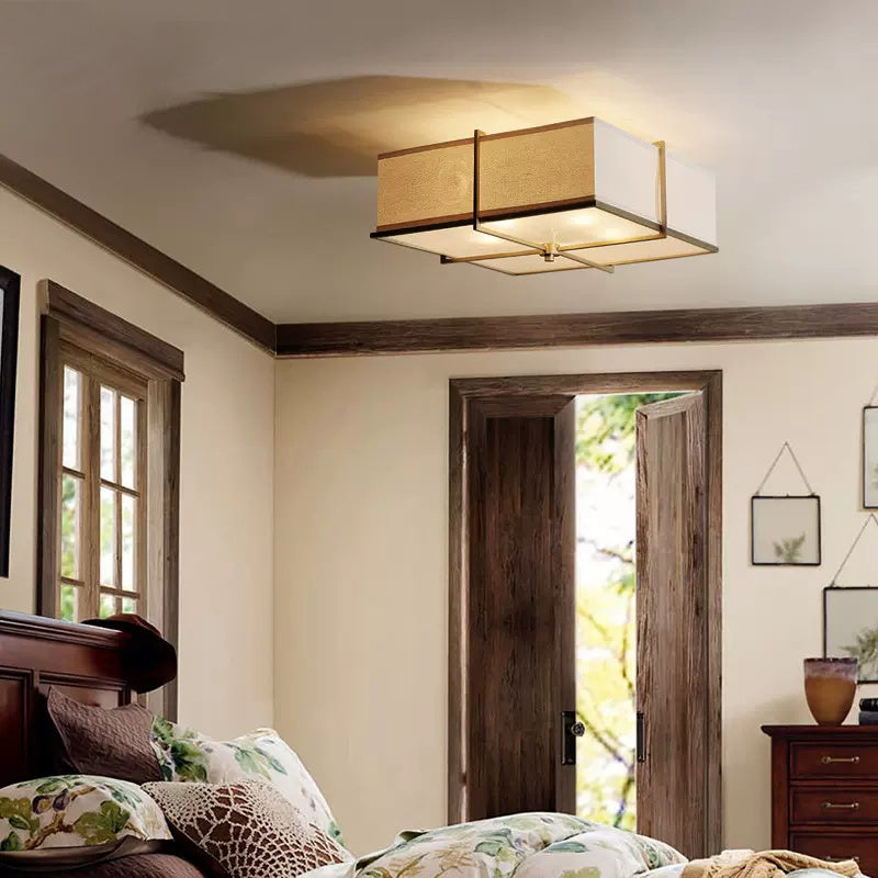 Square Linen Shade Brass Flush Ceiling Light
