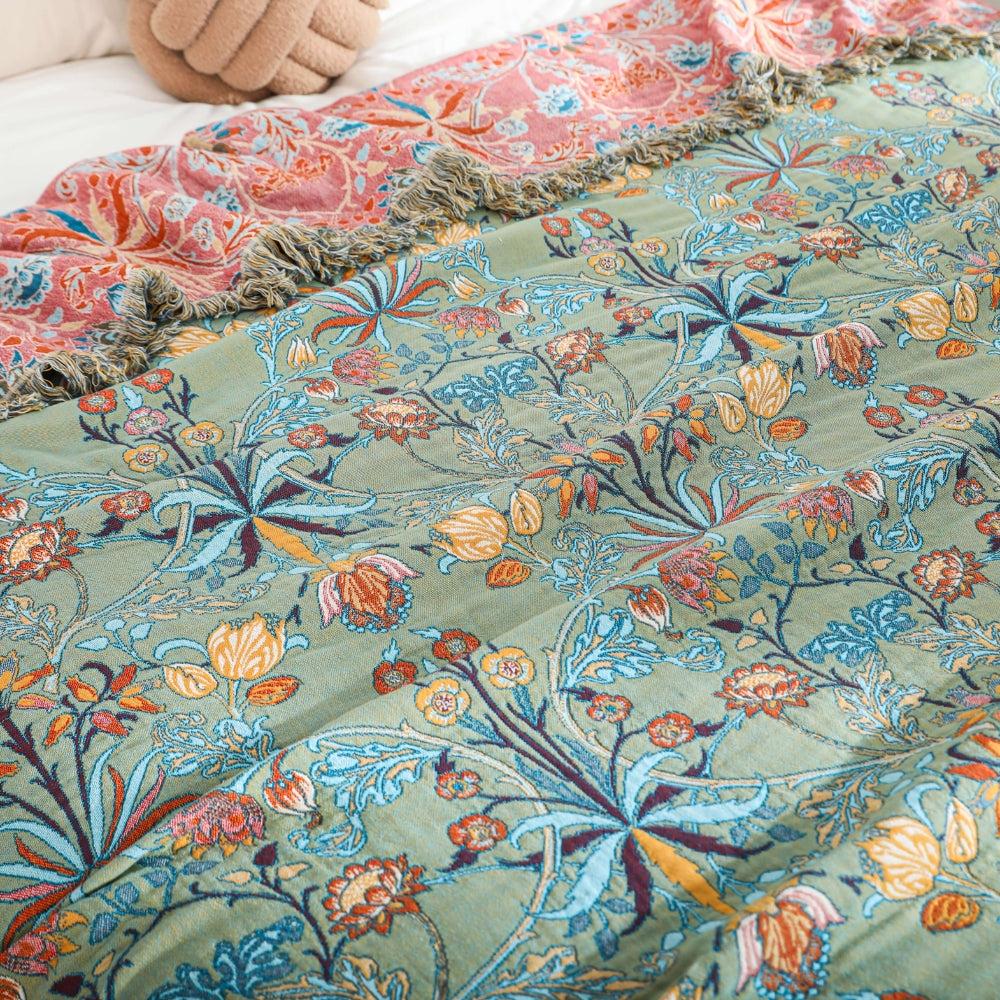 Floral Jacquard Tasseled Cotton Bedspread