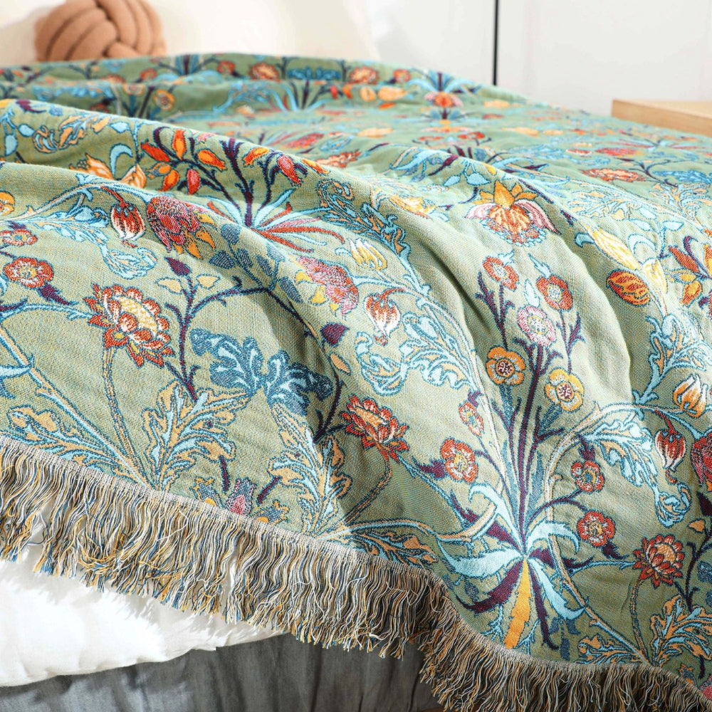 Floral Jacquard Tasseled Cotton Bedspread