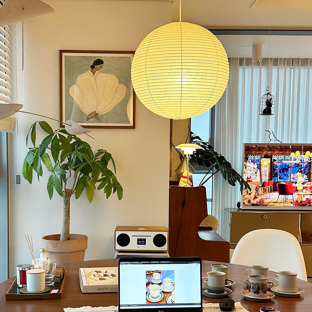 Ribbed Rice Paper Globe Pendant Lamp