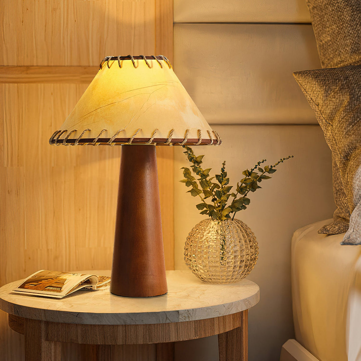 Tapered Walnut Column Linen Table Lamp