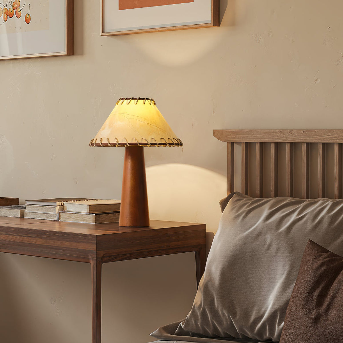 Tapered Walnut Column Linen Table Lamp
