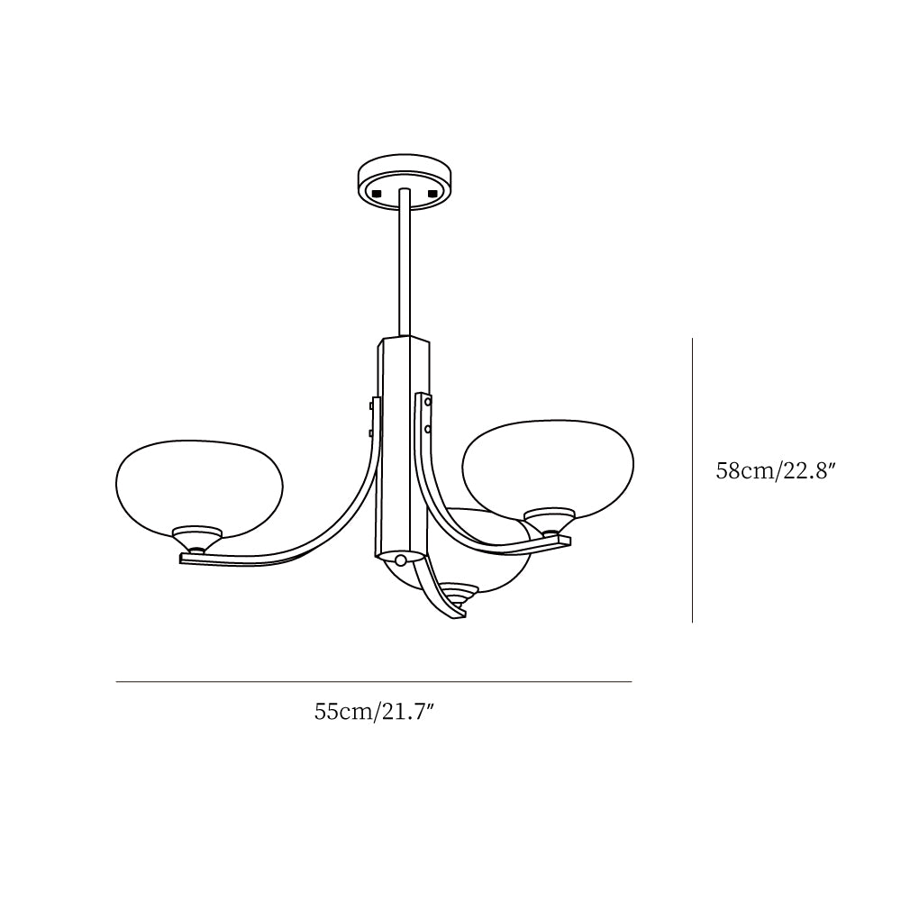 Three-Arm Walnut & Brass Glass Shade Chandelier