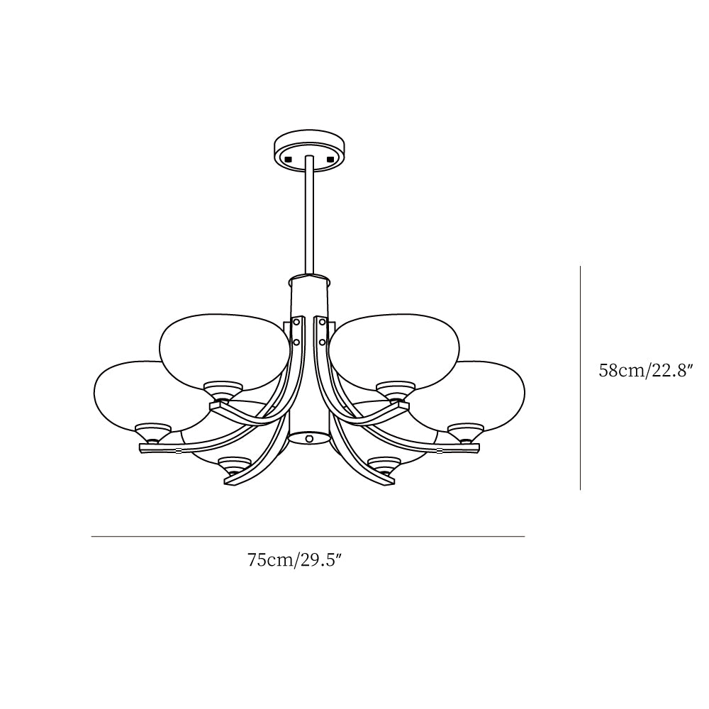 Three-Arm Walnut & Brass Glass Shade Chandelier
