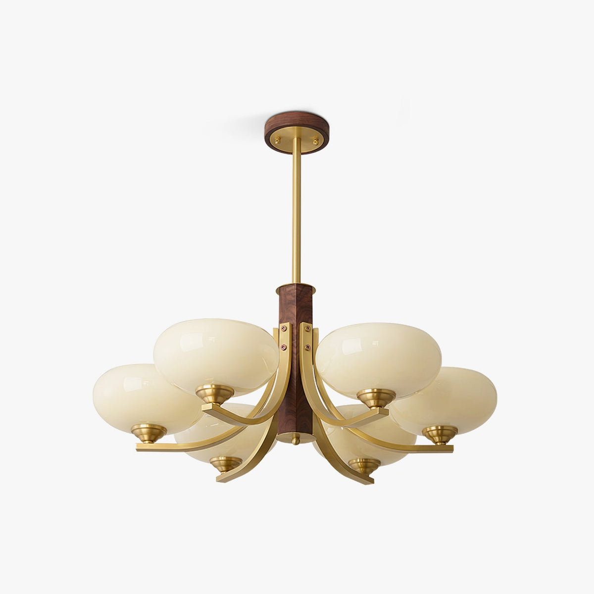 Three-Arm Walnut & Brass Glass Shade Chandelier