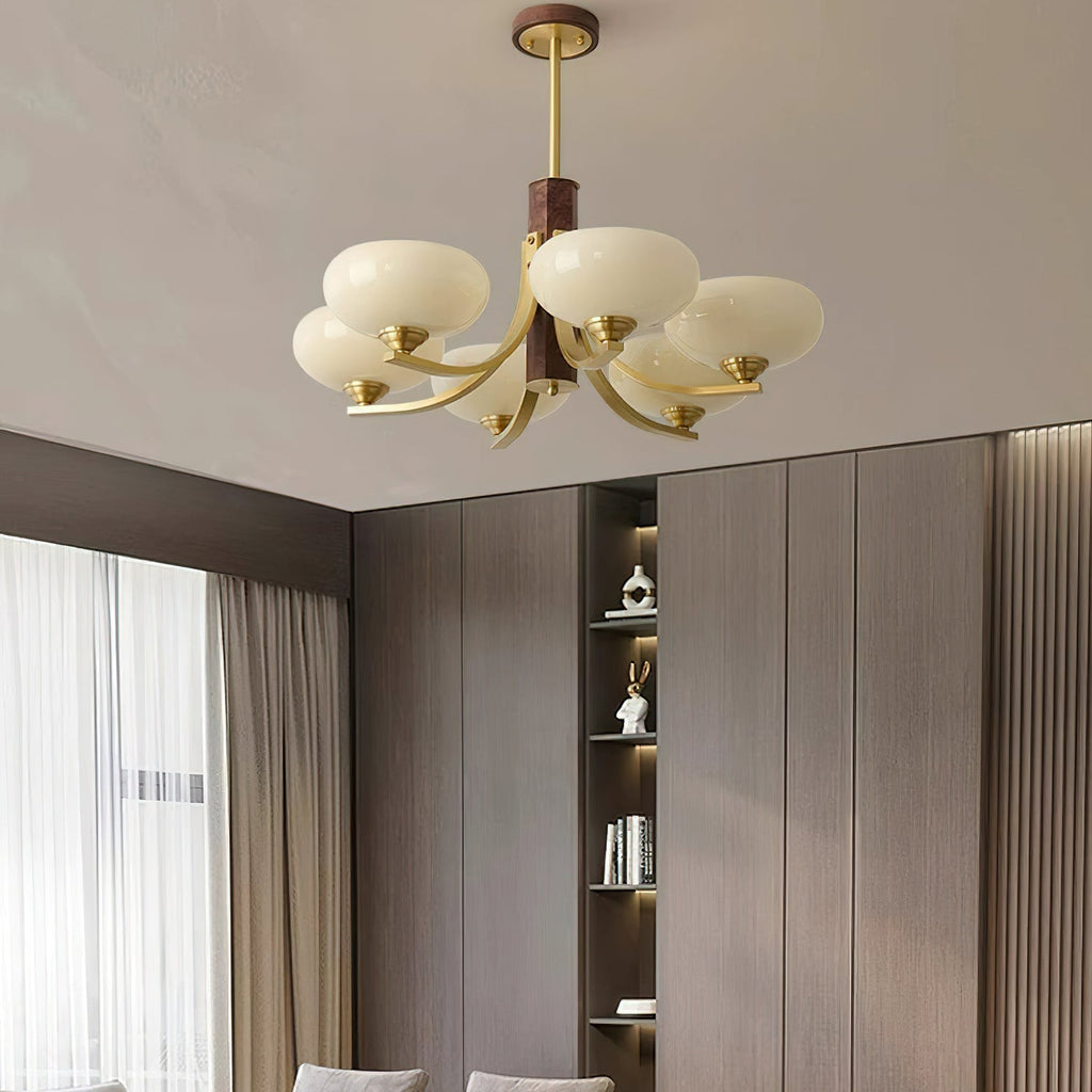 Three-Arm Walnut & Brass Glass Shade Chandelier
