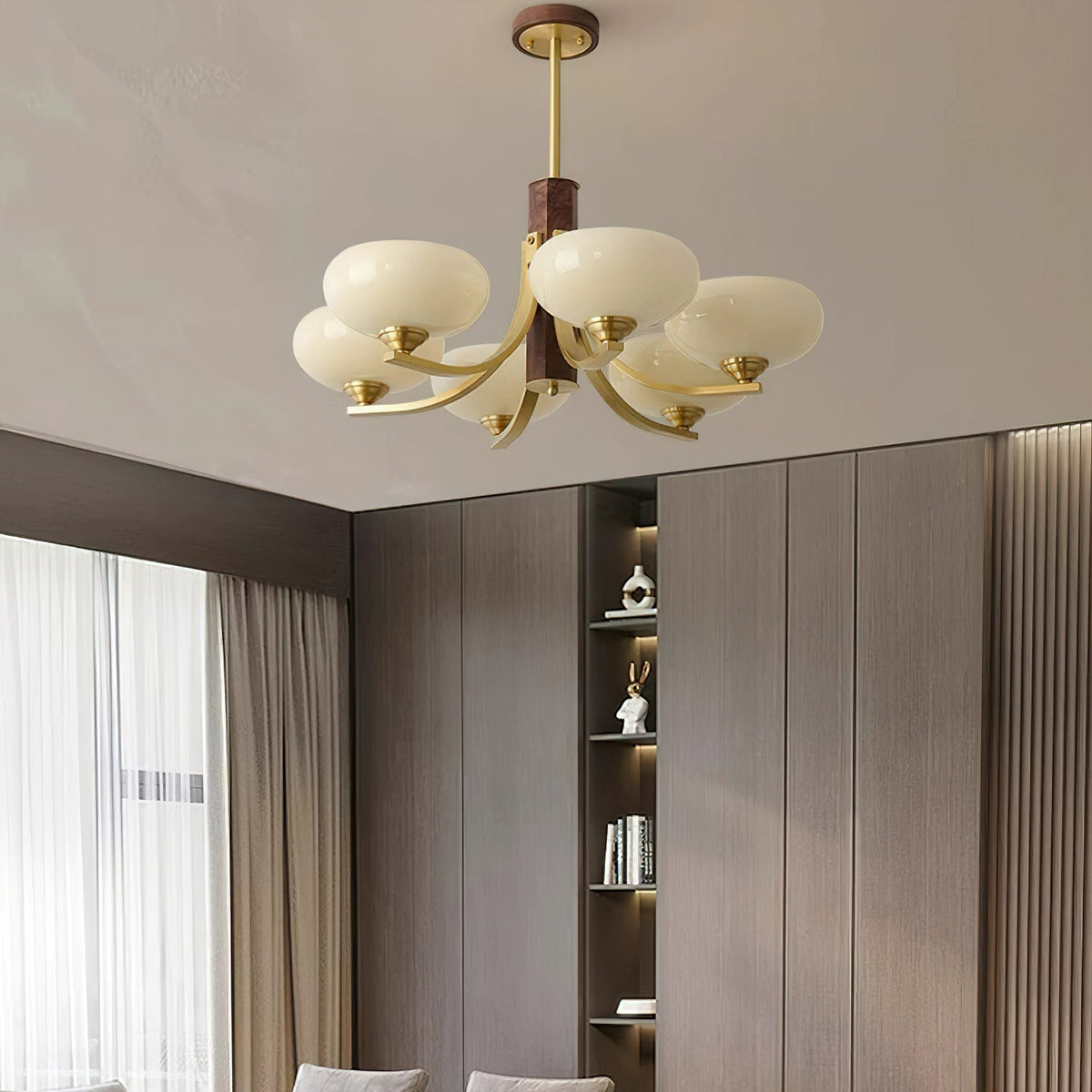 Three-Arm Walnut & Brass Glass Shade Chandelier