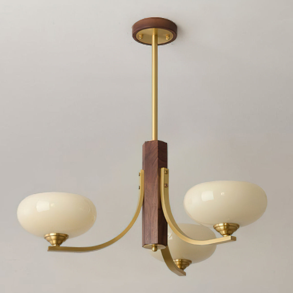Three-Arm Walnut & Brass Glass Shade Chandelier