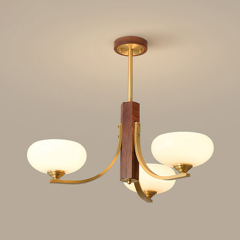 Three-Arm Walnut & Brass Glass Shade Chandelier