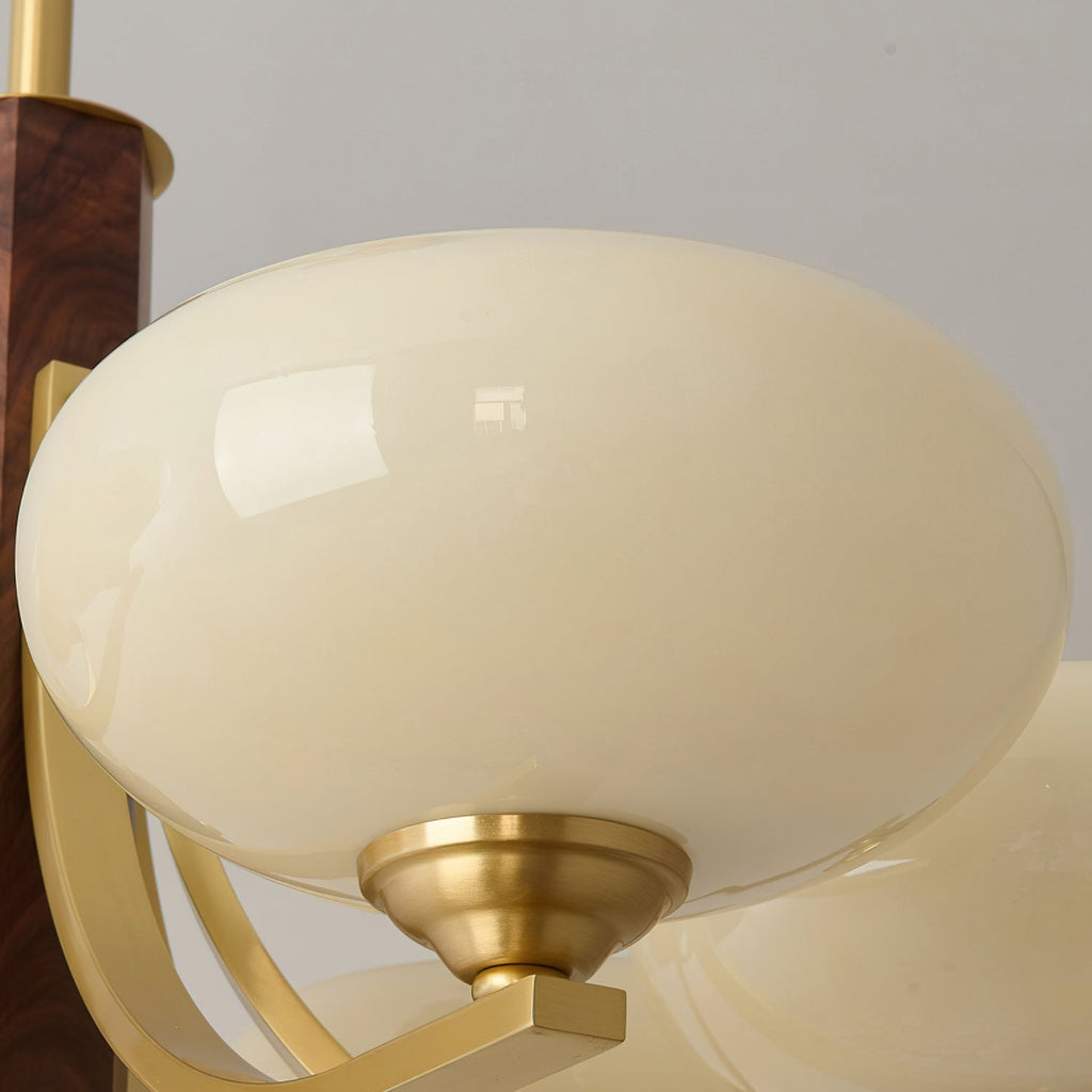 Three-Arm Walnut & Brass Glass Shade Chandelier