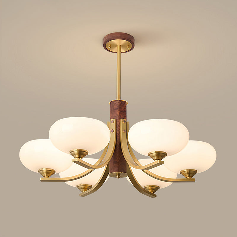 Three-Arm Walnut & Brass Glass Shade Chandelier
