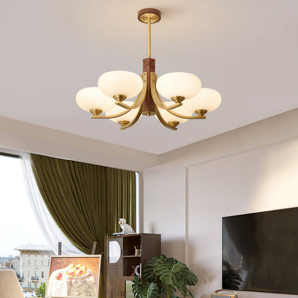 Three-Arm Walnut & Brass Glass Shade Chandelier