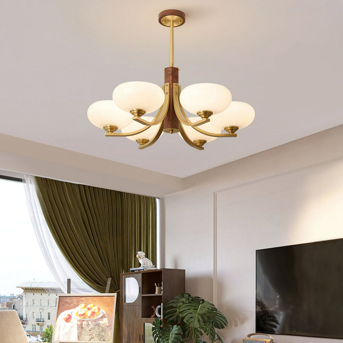 Three-Arm Walnut & Brass Glass Shade Chandelier